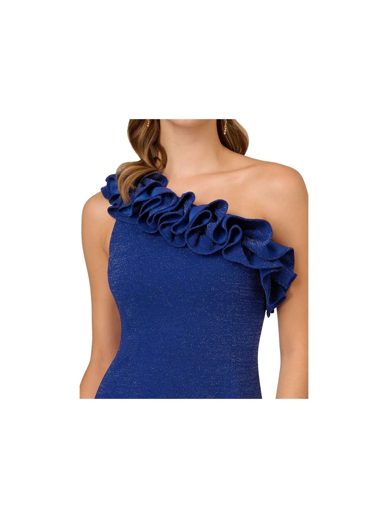 ADRIANNA PAPELL Womens Blue Stretch Metallic Zippered Slitted Lined Ruffle Neckline Sleeveless Asymmetrical Neckline Above The Knee Cocktail Sheath Dress