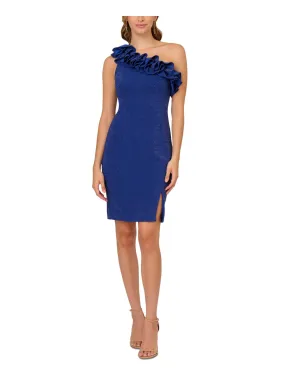 ADRIANNA PAPELL Womens Blue Stretch Metallic Zippered Slitted Lined Ruffle Neckline Sleeveless Asymmetrical Neckline Above The Knee Cocktail Sheath Dress