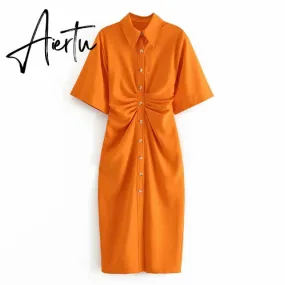 Aiertu Fashion Dress Casual Summer Dress Green Women Dress Button Solid Short Sleeve Shirt Dresses Female Chic Side Zipper Robe Vestido