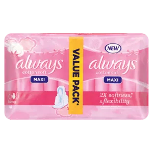 Always Maxi Cotton Soft Long Sanitary Pads Value Pack 18 Pack