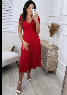 Anna Red Front Frill Scuba Dress