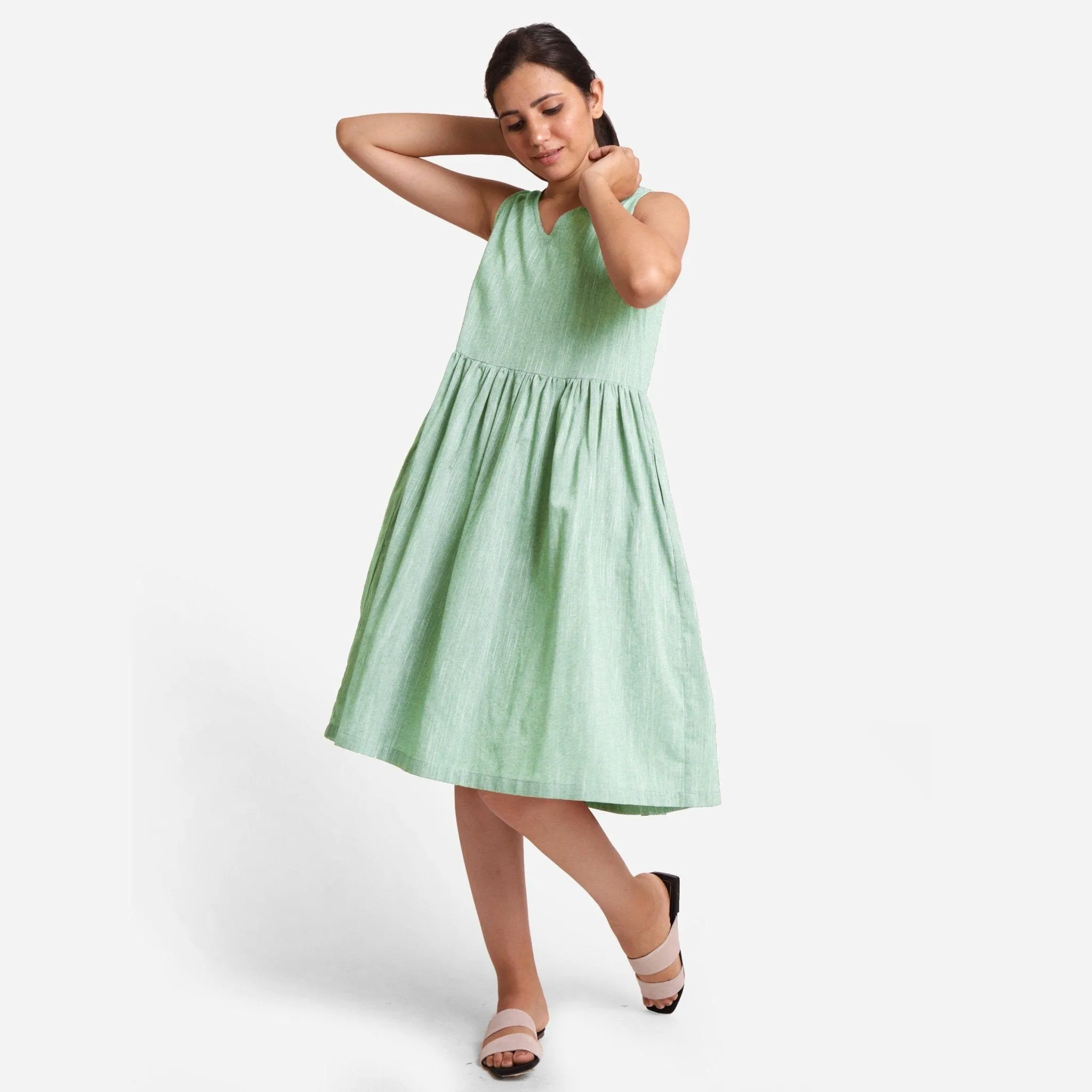 Aqua Yarn Dyed Cotton Knee Length Fit and Flare Yoked Dress