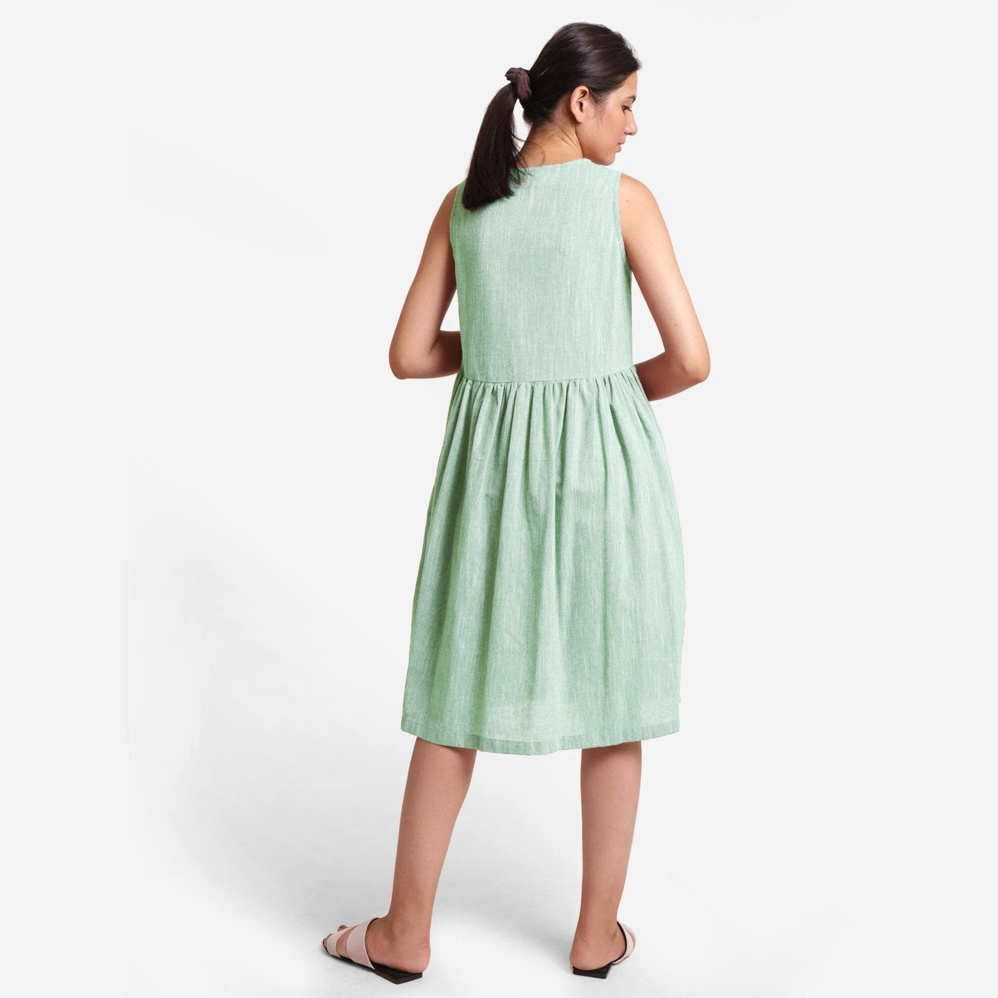 Aqua Yarn Dyed Cotton Knee Length Fit and Flare Yoked Dress