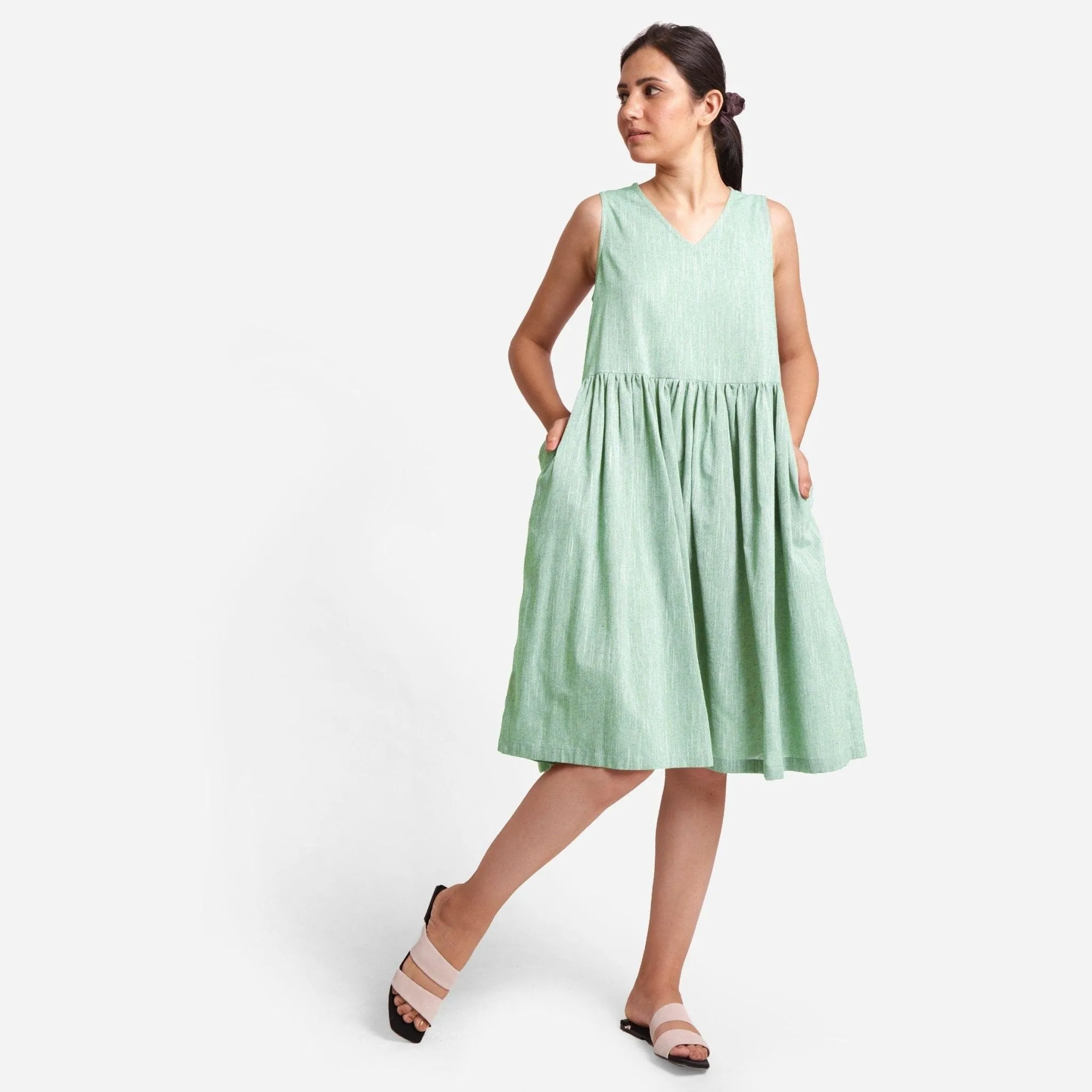 Aqua Yarn Dyed Cotton Knee Length Fit and Flare Yoked Dress