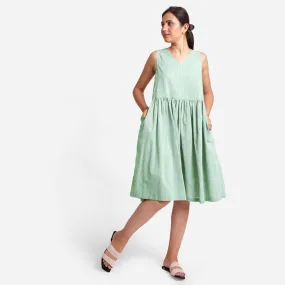 Aqua Yarn Dyed Cotton Knee Length Fit and Flare Yoked Dress