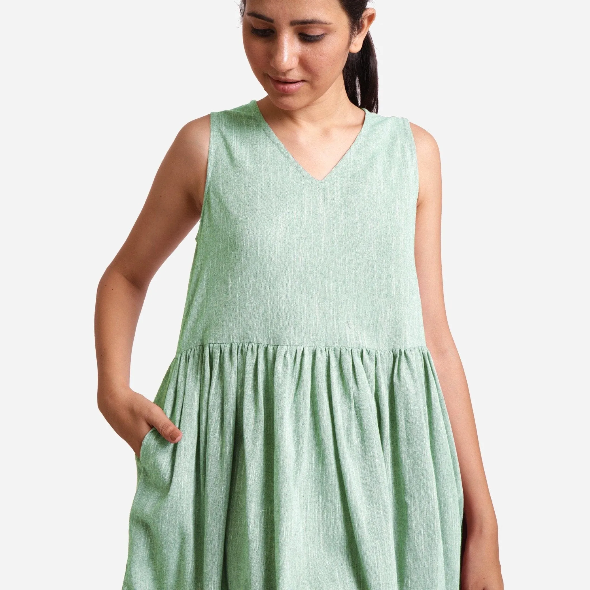 Aqua Yarn Dyed Cotton Knee Length Fit and Flare Yoked Dress