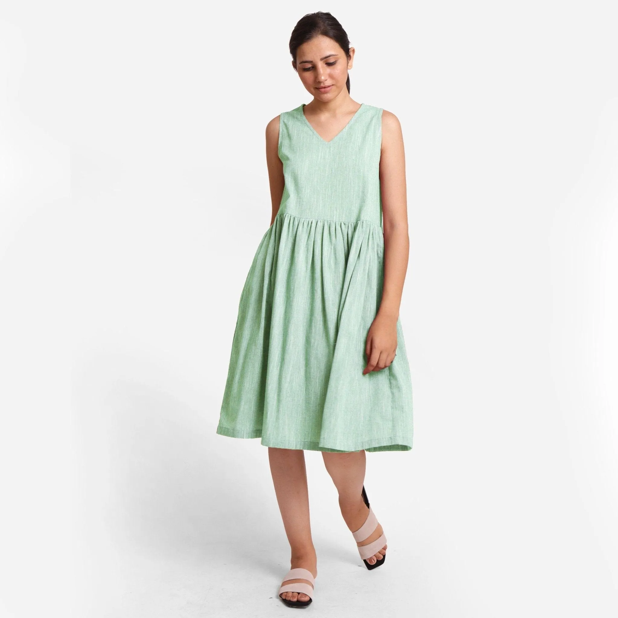 Aqua Yarn Dyed Cotton Knee Length Fit and Flare Yoked Dress