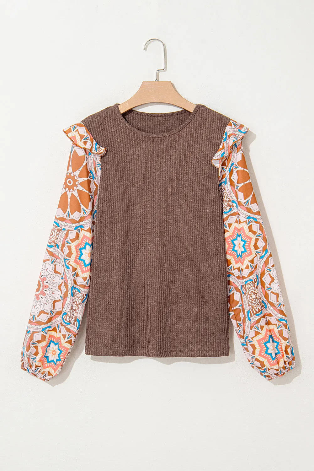 Ashleigh Blue Ruffled Floral Sleeve Patchwork Waffle Knit O Neck Blouse