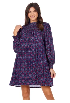 Bennington Smocked Dress - Navy Block Print