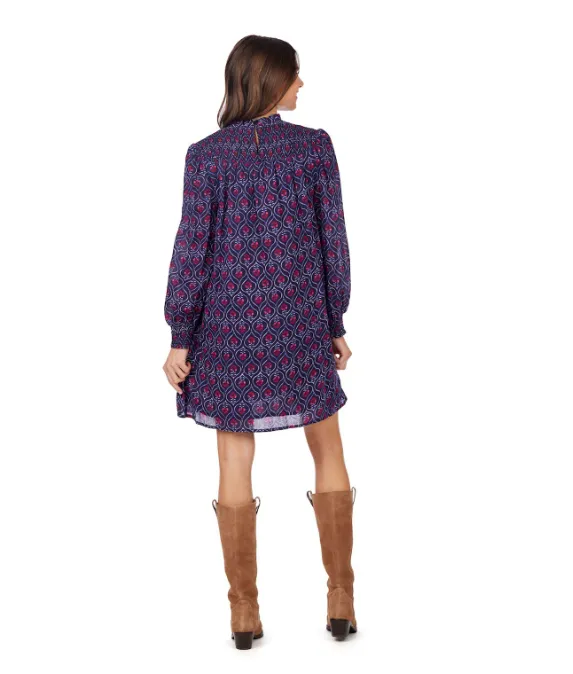 Bennington Smocked Dress - Navy Block Print