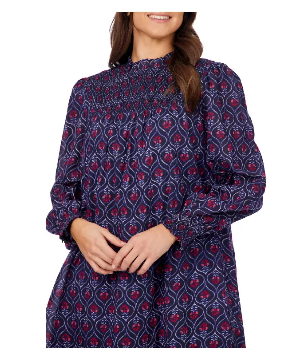 Bennington Smocked Dress - Navy Block Print