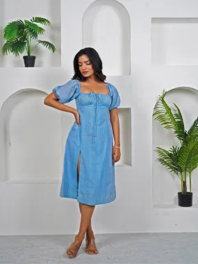 Berry Blue Cotton Square Neck Midi Dress