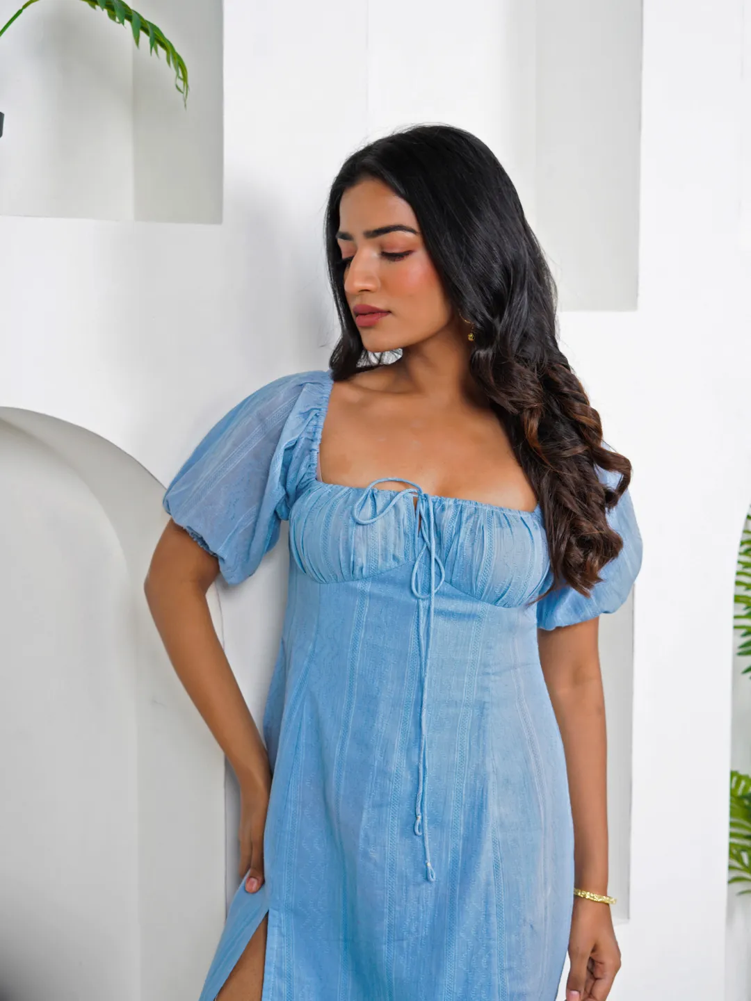 Berry Blue Cotton Square Neck Midi Dress