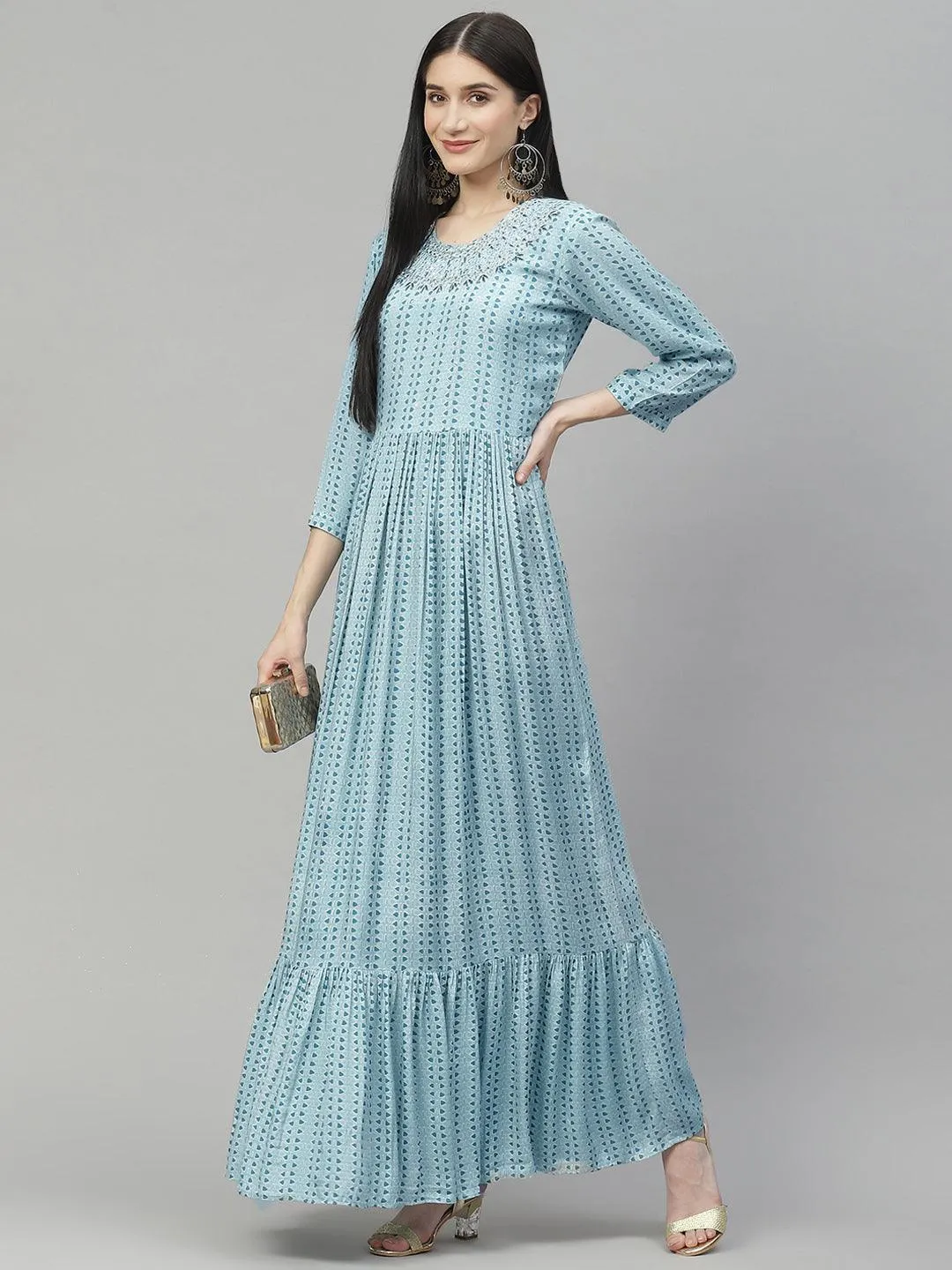 Blue Muslin Flared Gown