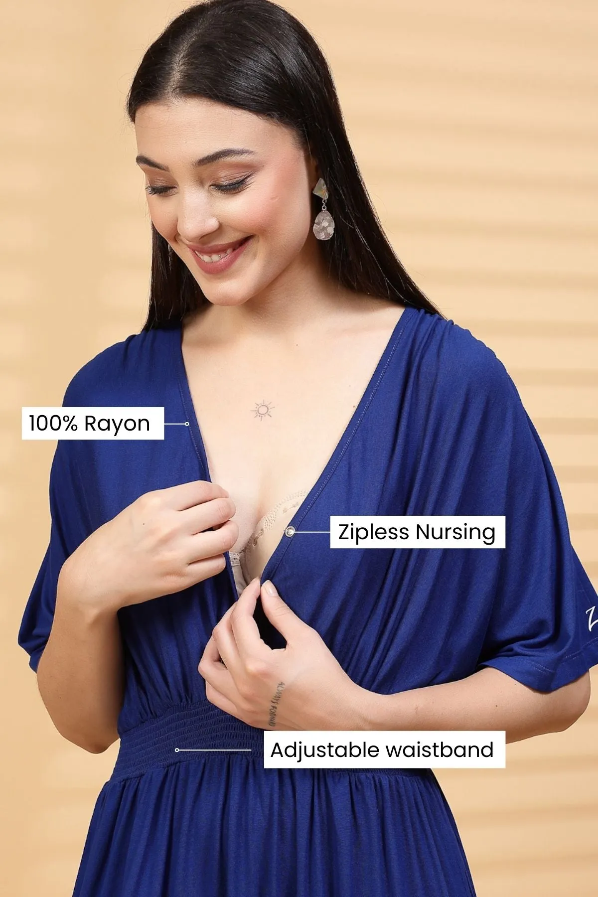 Blue Solid Smocked Waist Zipless Feeding Dress
