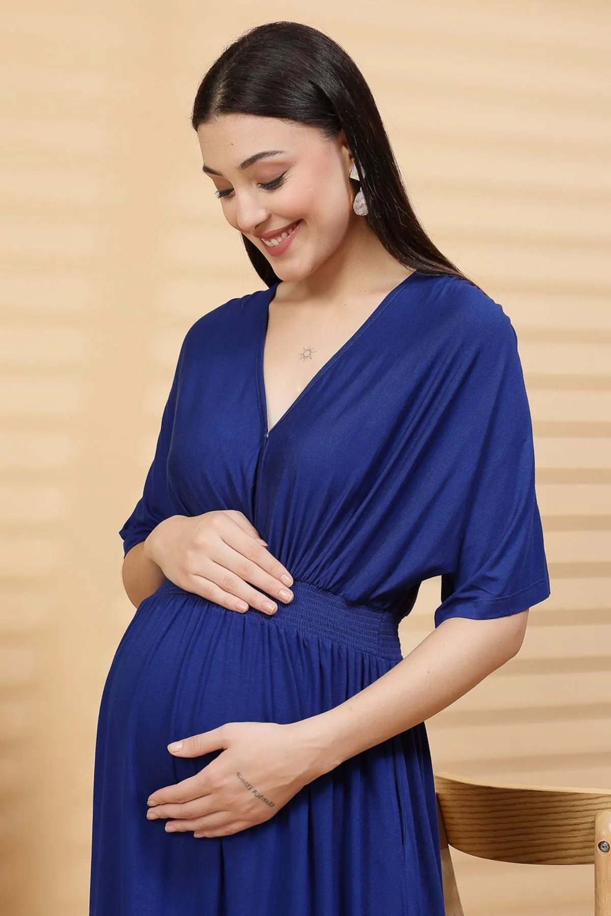 Blue Solid Smocked Waist Zipless Feeding Dress