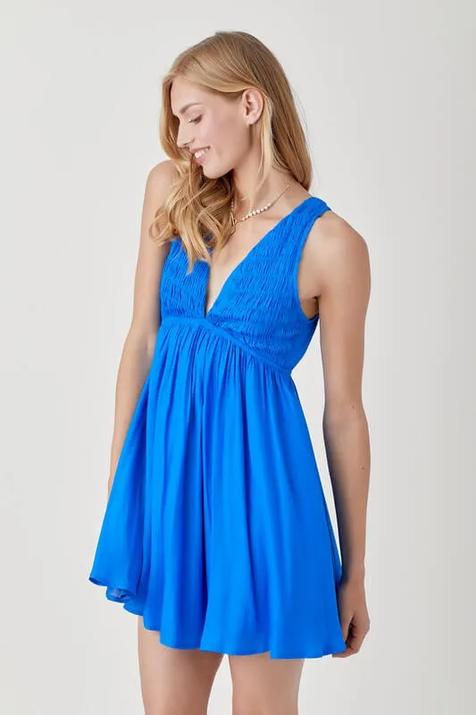 Blue V Neck Smock Sleeveless Dress