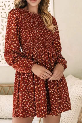 Brown Smocked Floral Print Mini Dress