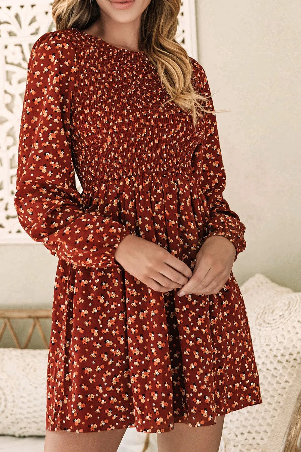 Brown Smocked Floral Print Mini Dress