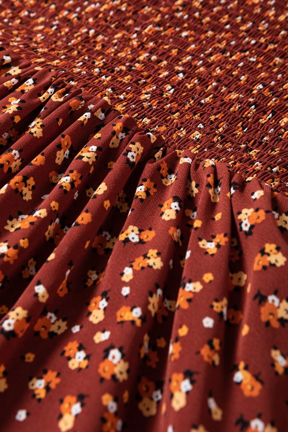 Brown Smocked Floral Print Mini Dress