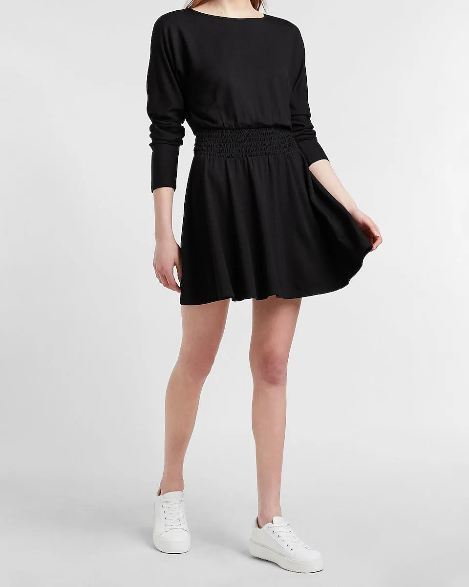 Cozy Smocked Waist Sweatshirt Dress in Pitch Black