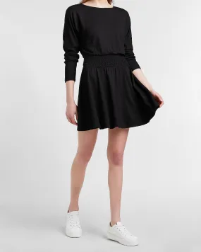 Cozy Smocked Waist Sweatshirt Dress in Pitch Black