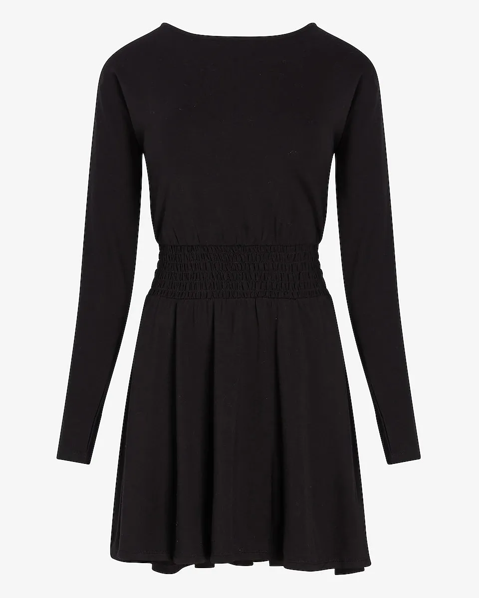Cozy Smocked Waist Sweatshirt Dress in Pitch Black