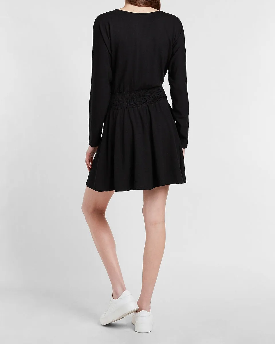 Cozy Smocked Waist Sweatshirt Dress in Pitch Black