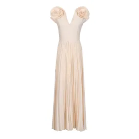 Elegant V Neck Rosette Cap Sleeve Fit and Flare Pleated Maxi Evening Dress