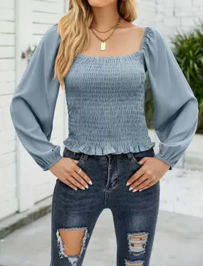 Grey Smocked Ruffle Hem Balloon Sleeve Top