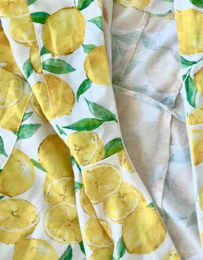 Lemon Print Yellow Mini Linen Dress