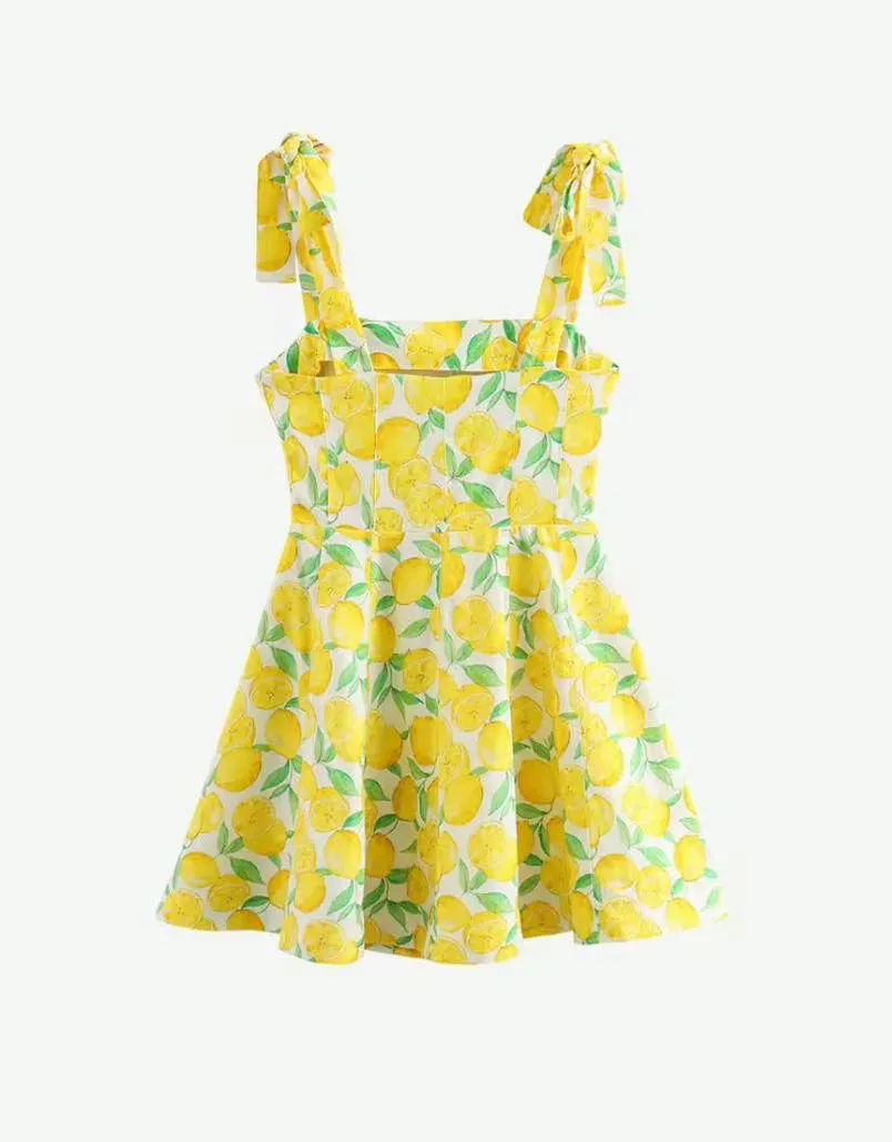Lemon Print Yellow Mini Linen Dress