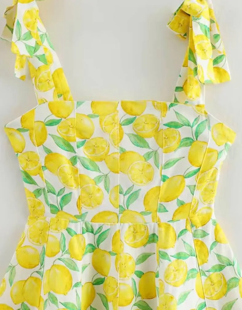 Lemon Print Yellow Mini Linen Dress