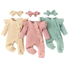Long Sleeve Ruffled Romper Solid Knit Ribbed Bodysuit