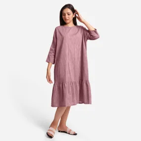 Maroon Yarn Dyed Cotton Boat Neck Midi Tier Dress