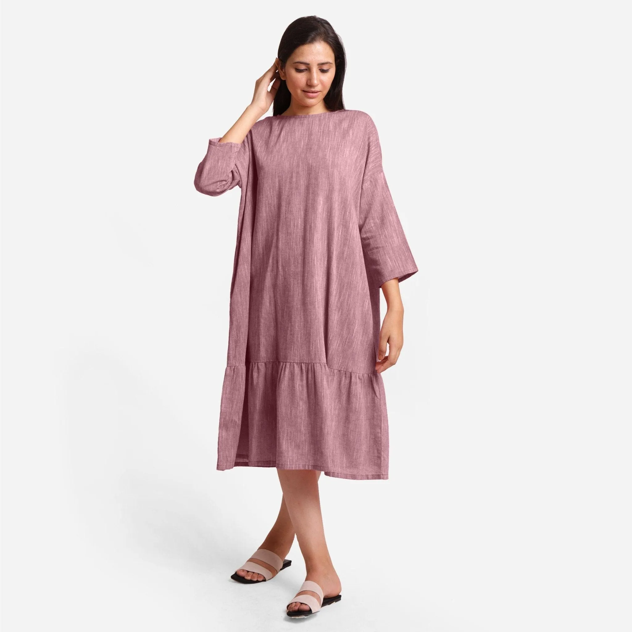 Maroon Yarn Dyed Cotton Boat Neck Midi Tier Dress