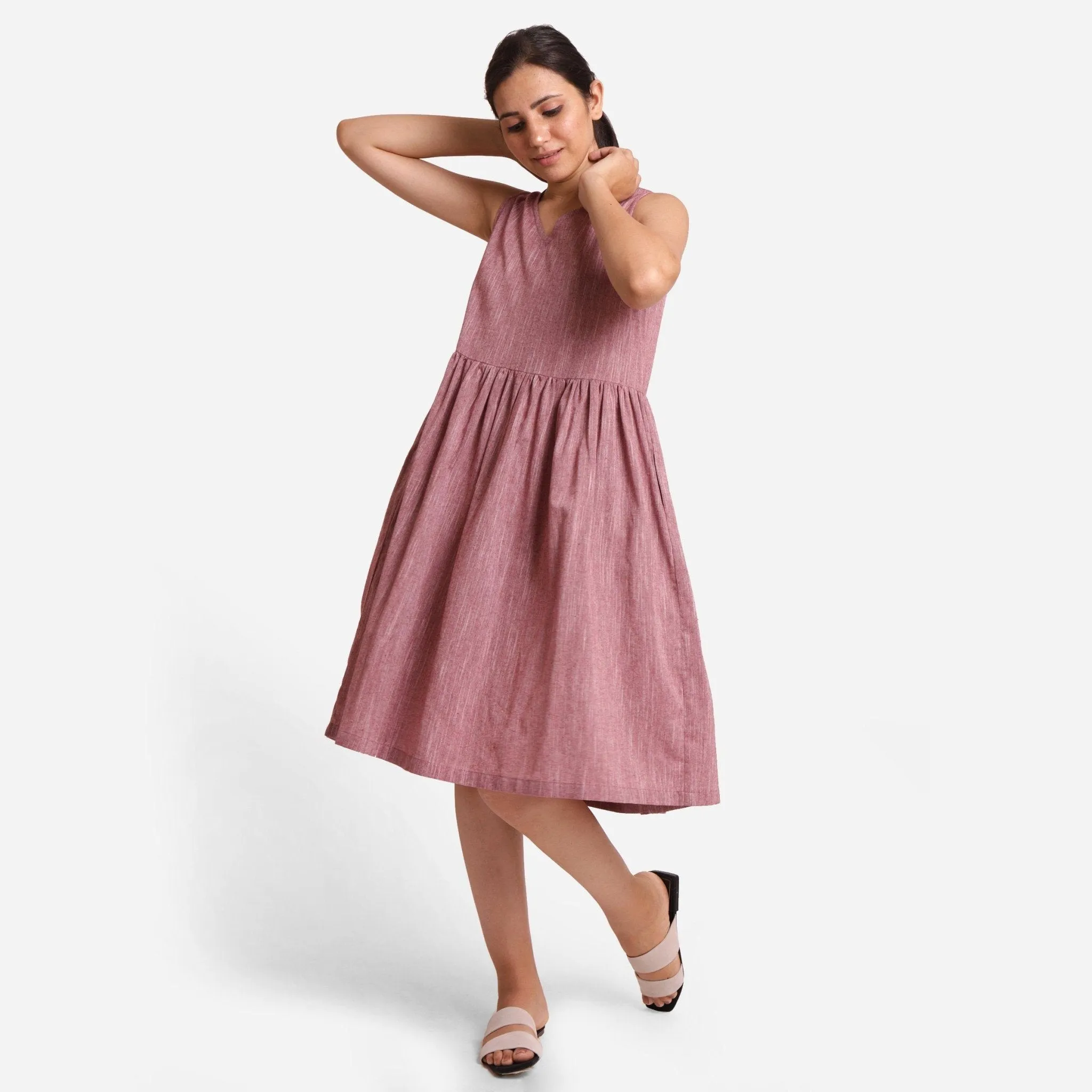 Maroon Yarn Dyed Cotton V-Neck Yoked Knee Length Dress