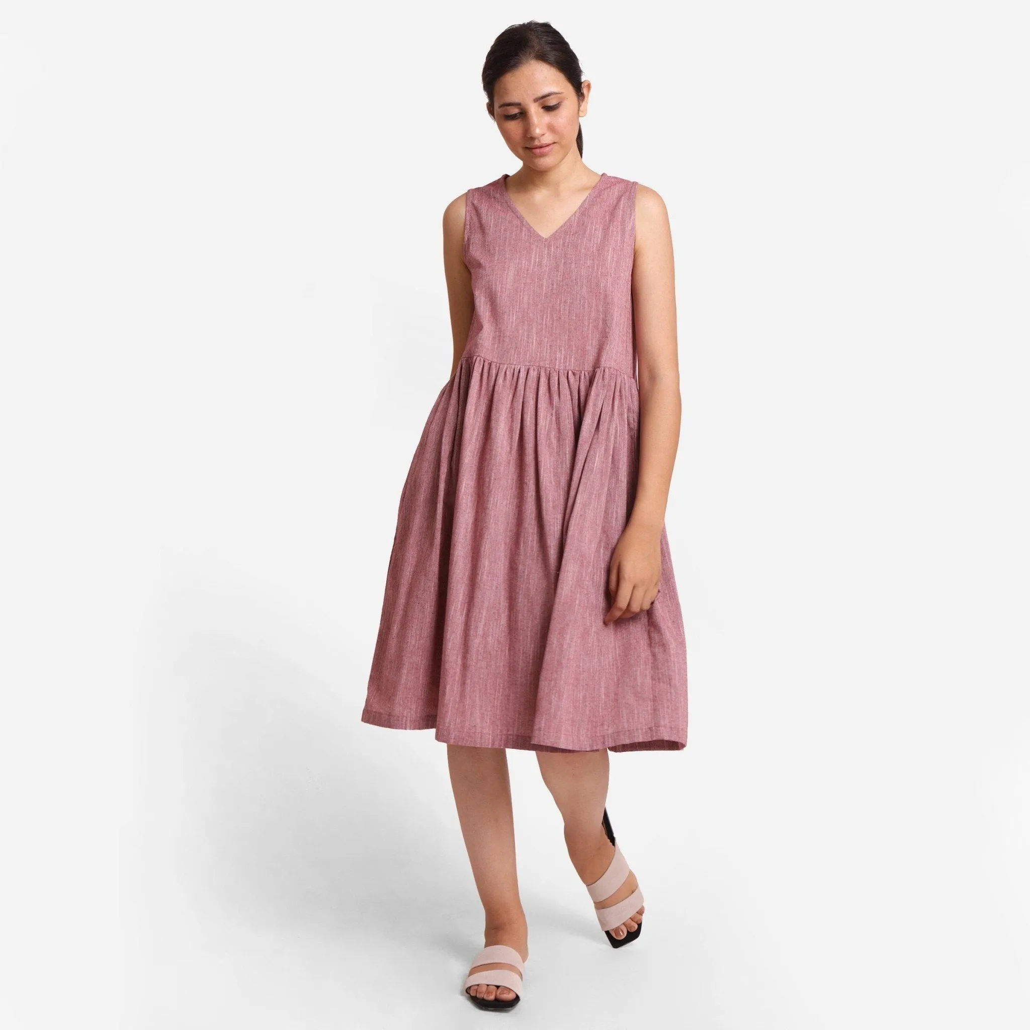 Maroon Yarn Dyed Cotton V-Neck Yoked Knee Length Dress