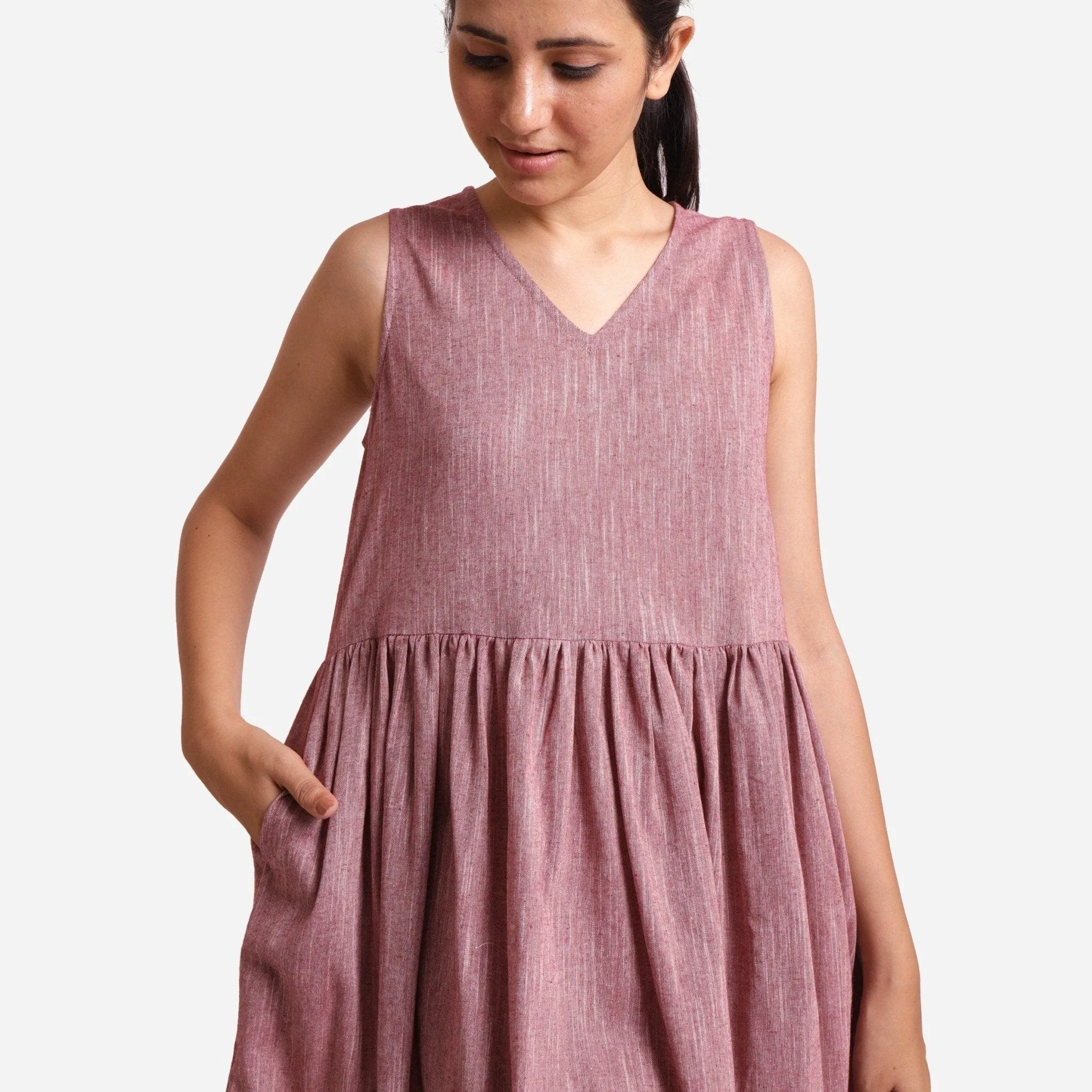 Maroon Yarn Dyed Cotton V-Neck Yoked Knee Length Dress