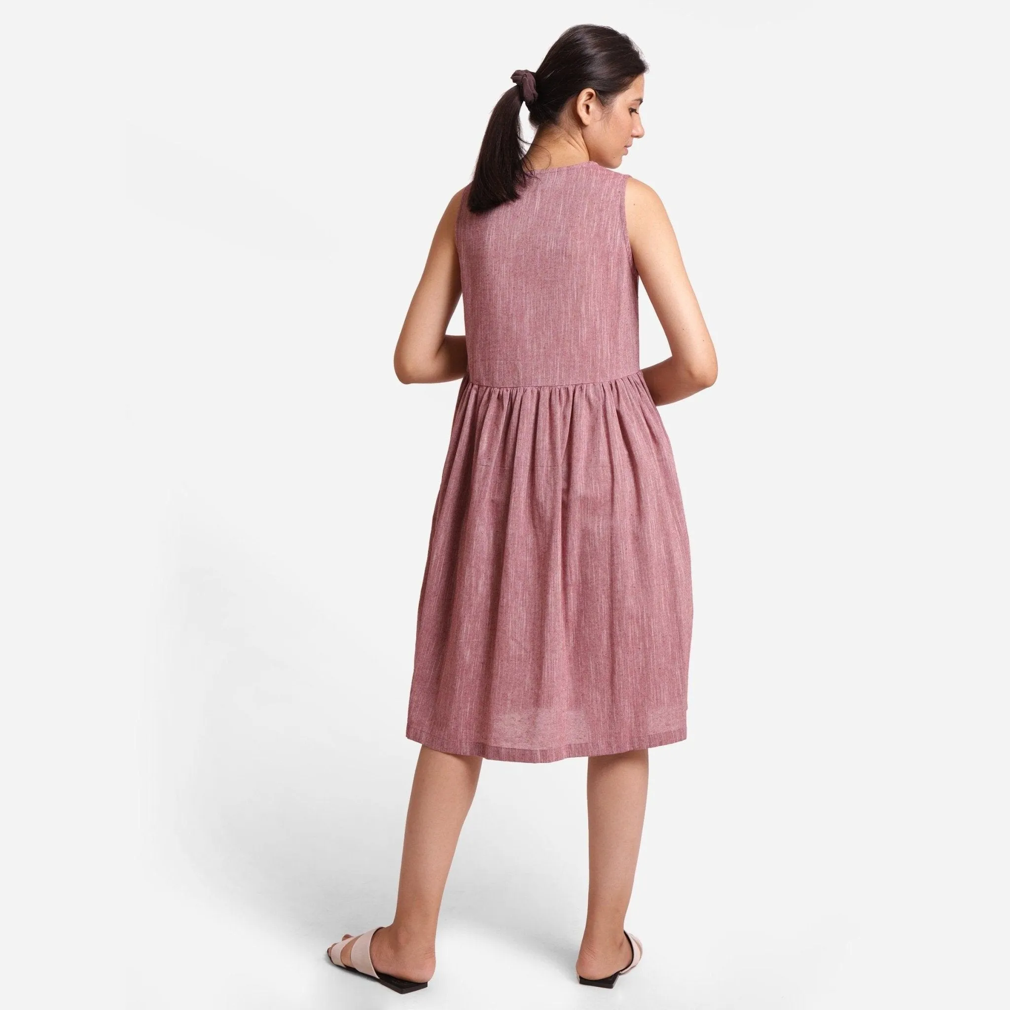 Maroon Yarn Dyed Cotton V-Neck Yoked Knee Length Dress