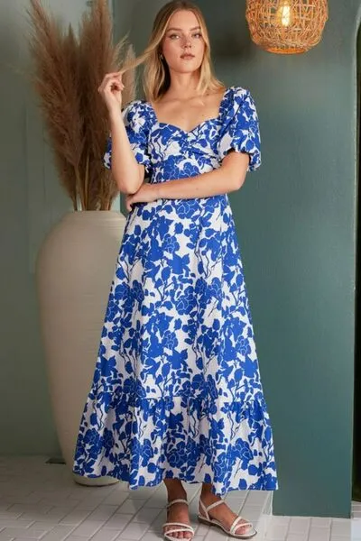 Mittoshop Cutout Back Floral Sweetheart Neck Puff Sleeve Dress