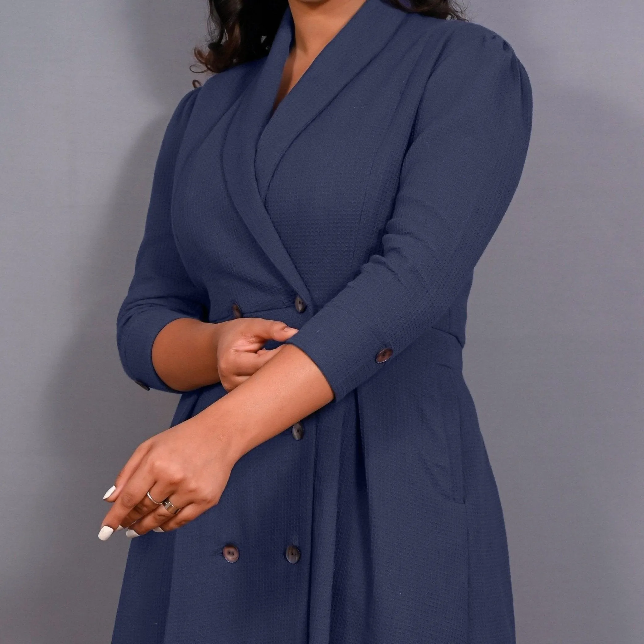 Navy Blue Warm Cotton Waffle Pleated Button-Down Midi Dress