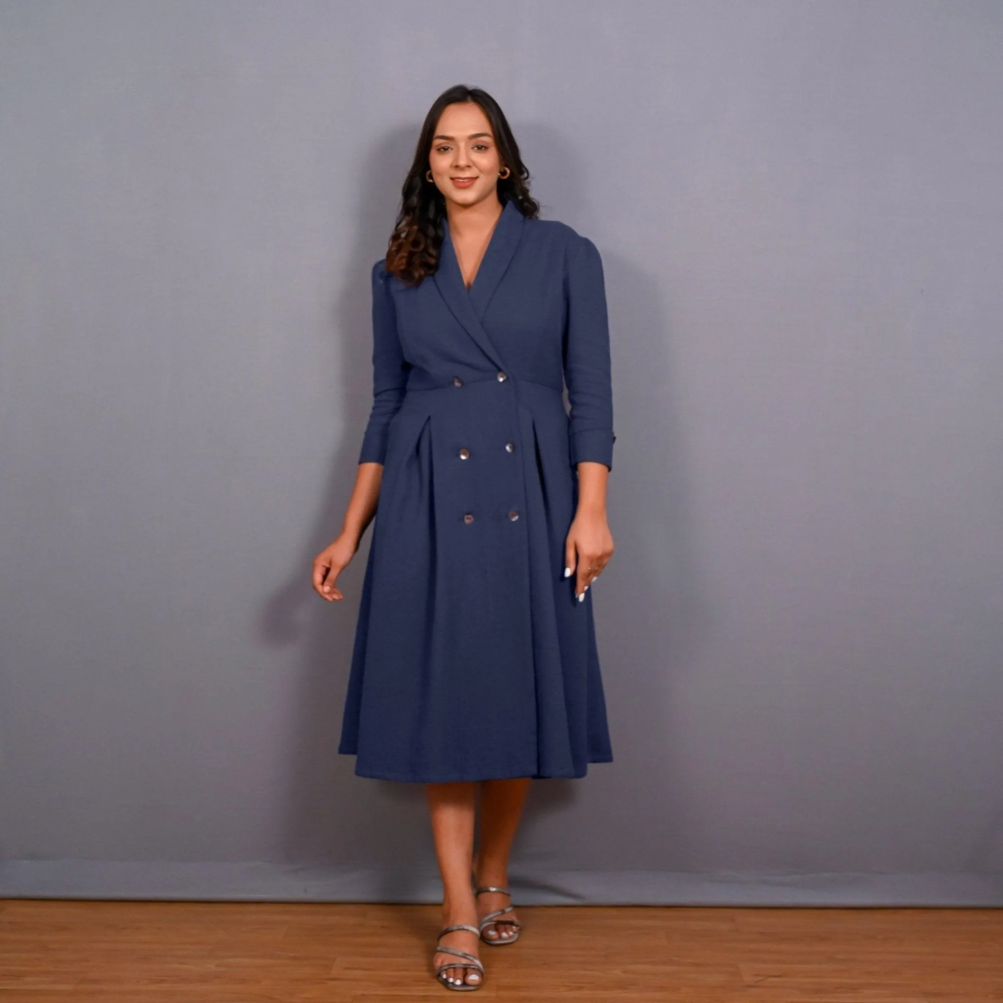 Navy Blue Warm Cotton Waffle Pleated Button-Down Midi Dress