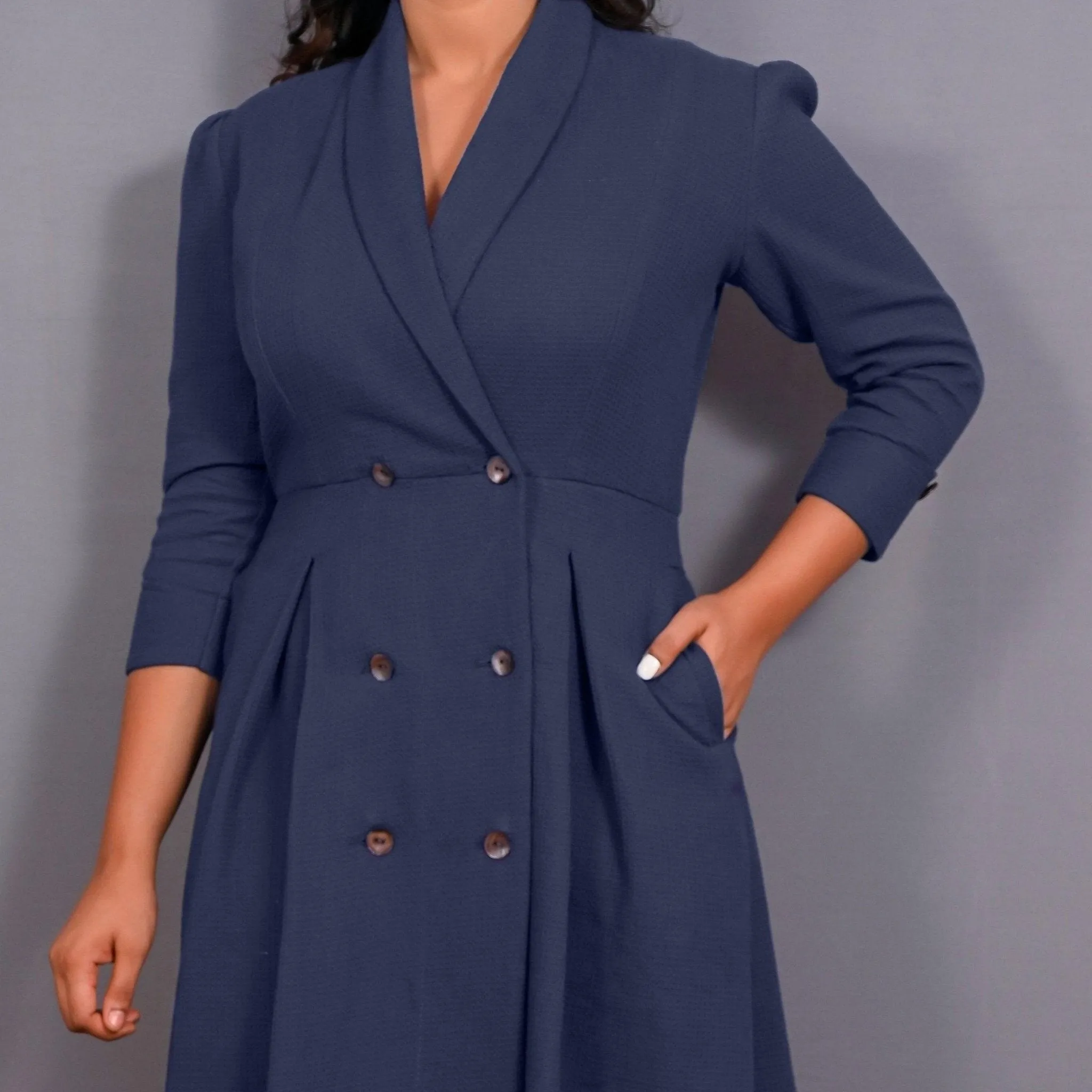 Navy Blue Warm Cotton Waffle Pleated Button-Down Midi Dress