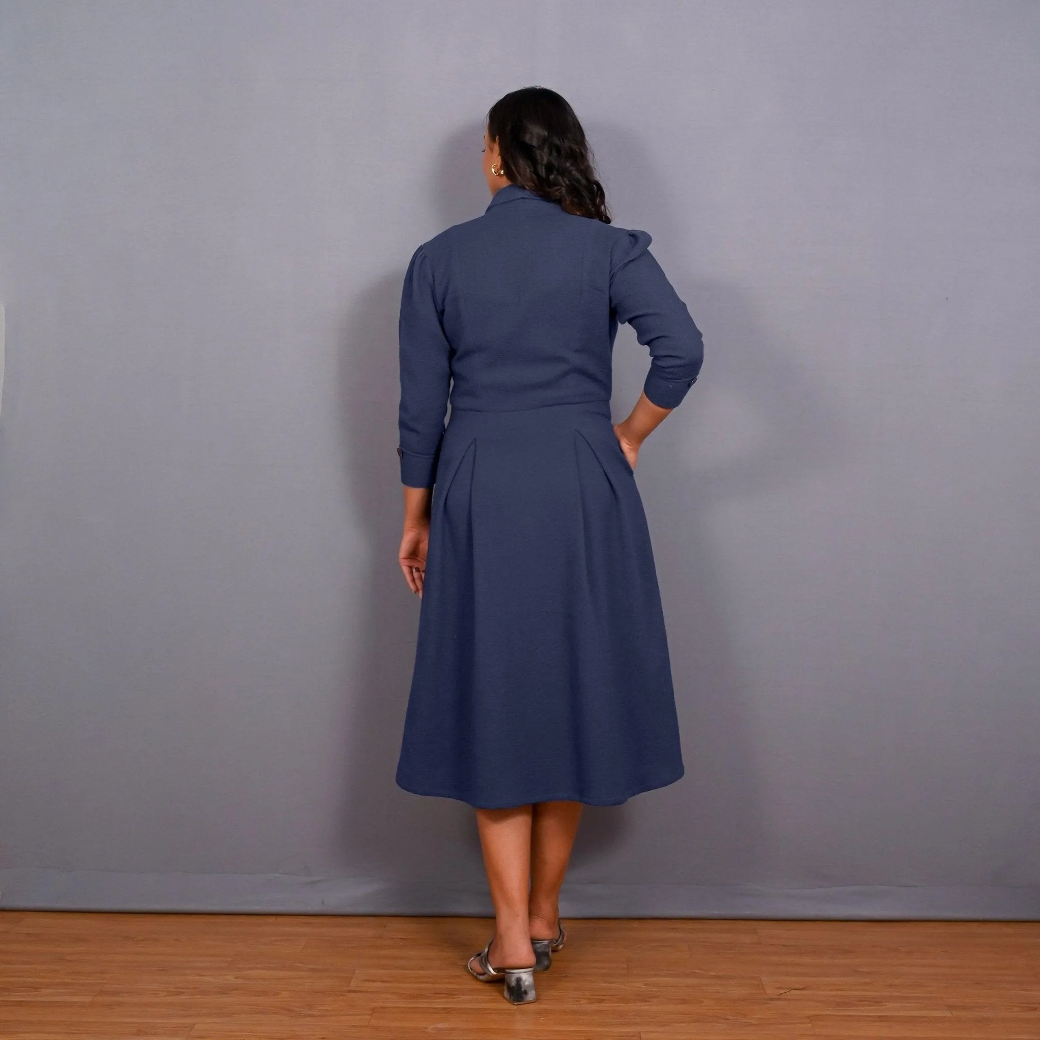Navy Blue Warm Cotton Waffle Pleated Button-Down Midi Dress