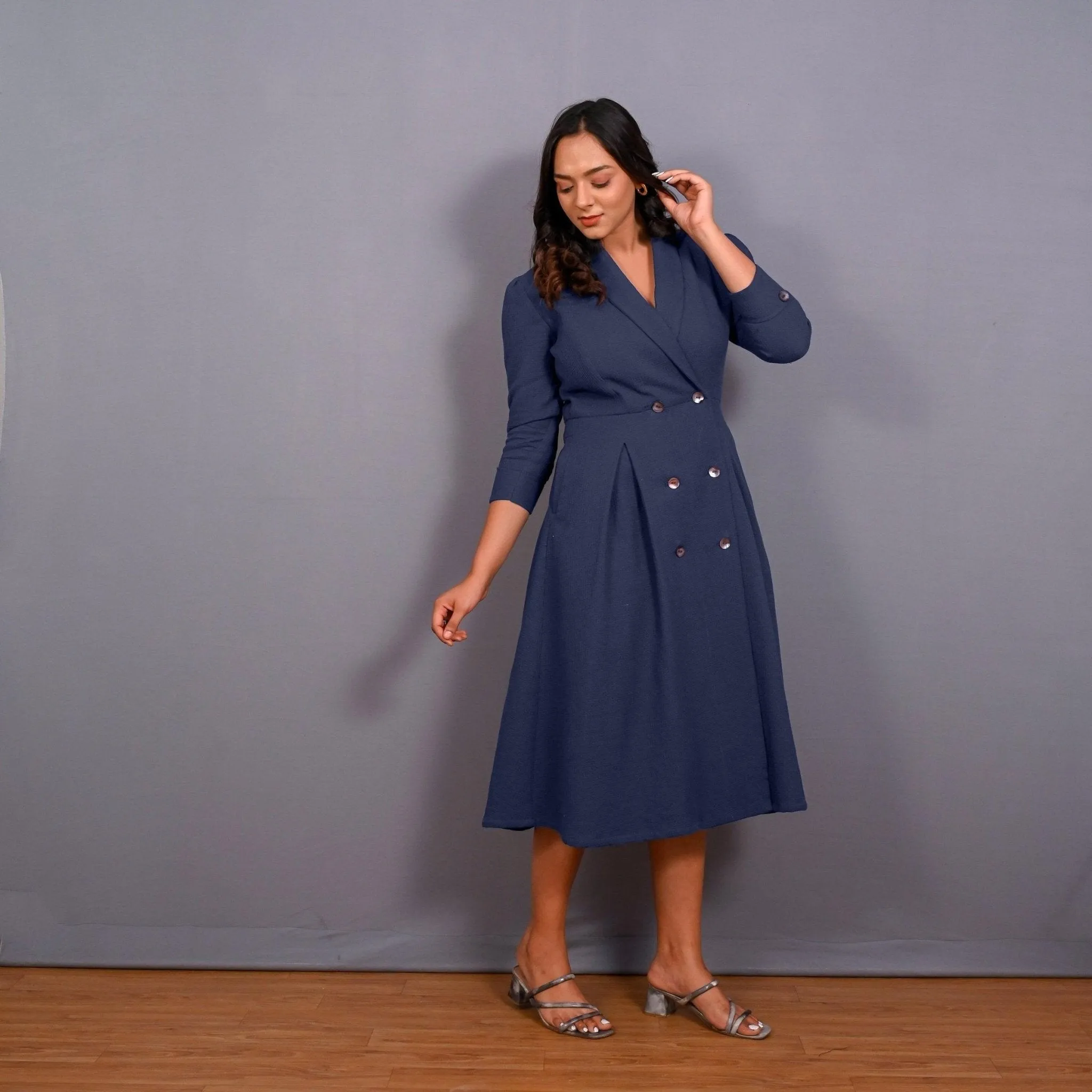 Navy Blue Warm Cotton Waffle Pleated Button-Down Midi Dress