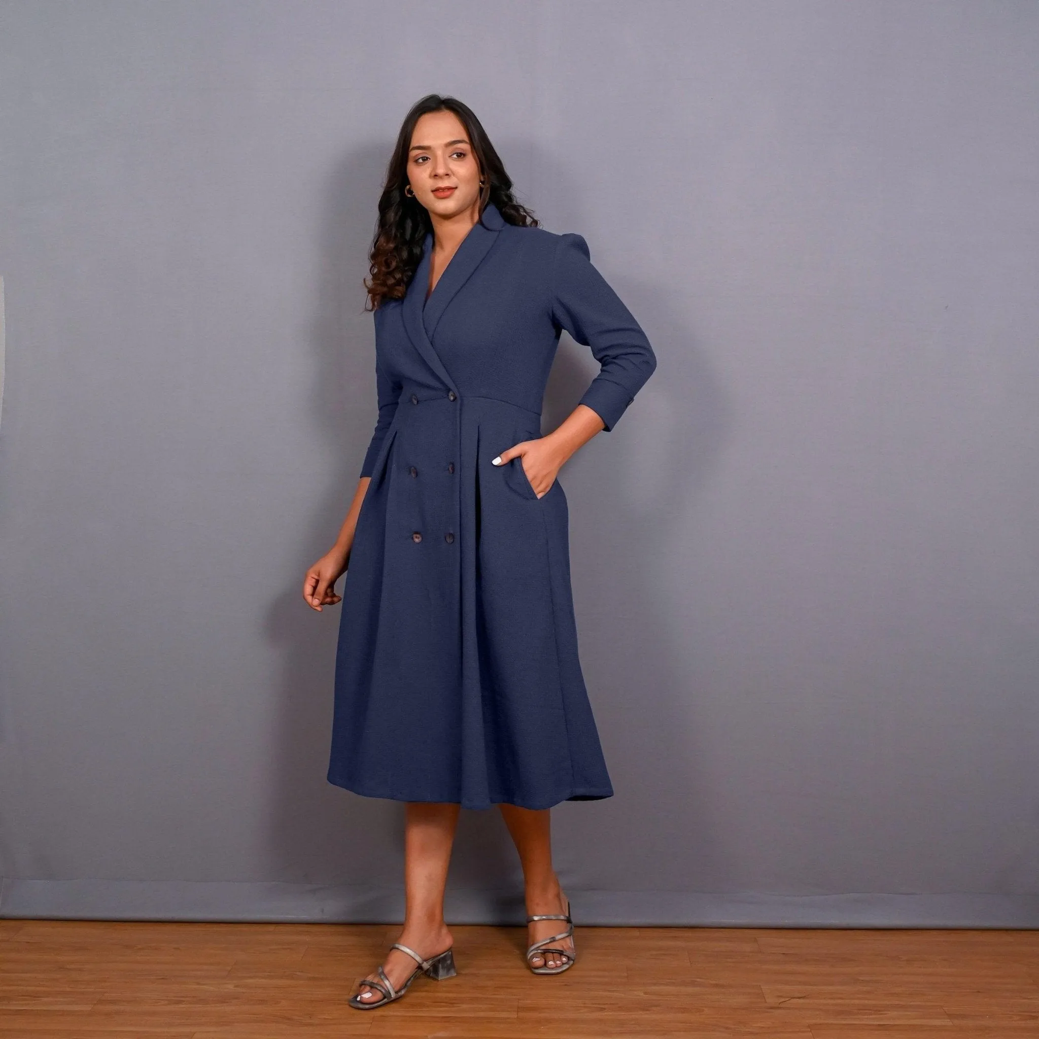 Navy Blue Warm Cotton Waffle Pleated Button-Down Midi Dress