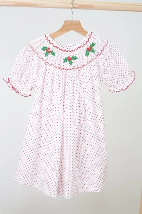 Pink christmas bishop hand smocked dot dress