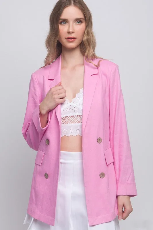 Pink Classic Slip Pockets Linen Blazer