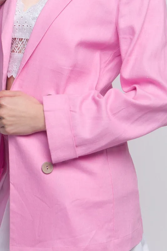 Pink Classic Slip Pockets Linen Blazer